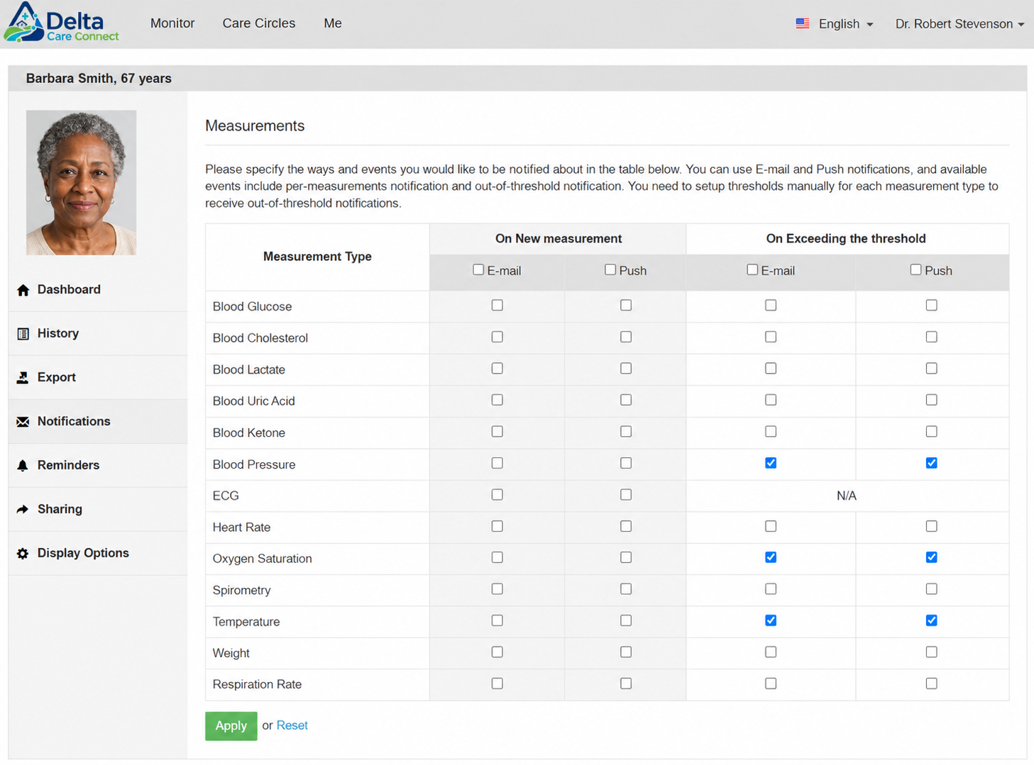 Configurable measurement types and alert thresholds, set per patient.